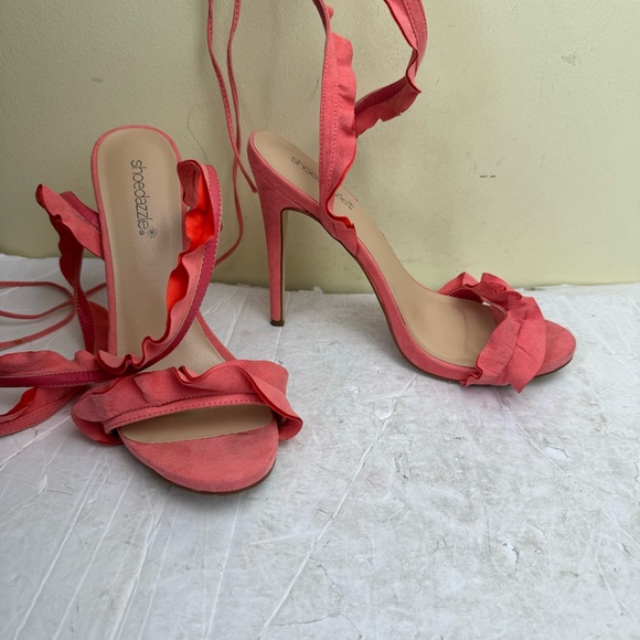 ShoeDazzle Shirah Ruffle Lace Up Heels Coral Pink Sandals Strap Adjustable Shoes - Picture 5 of 16